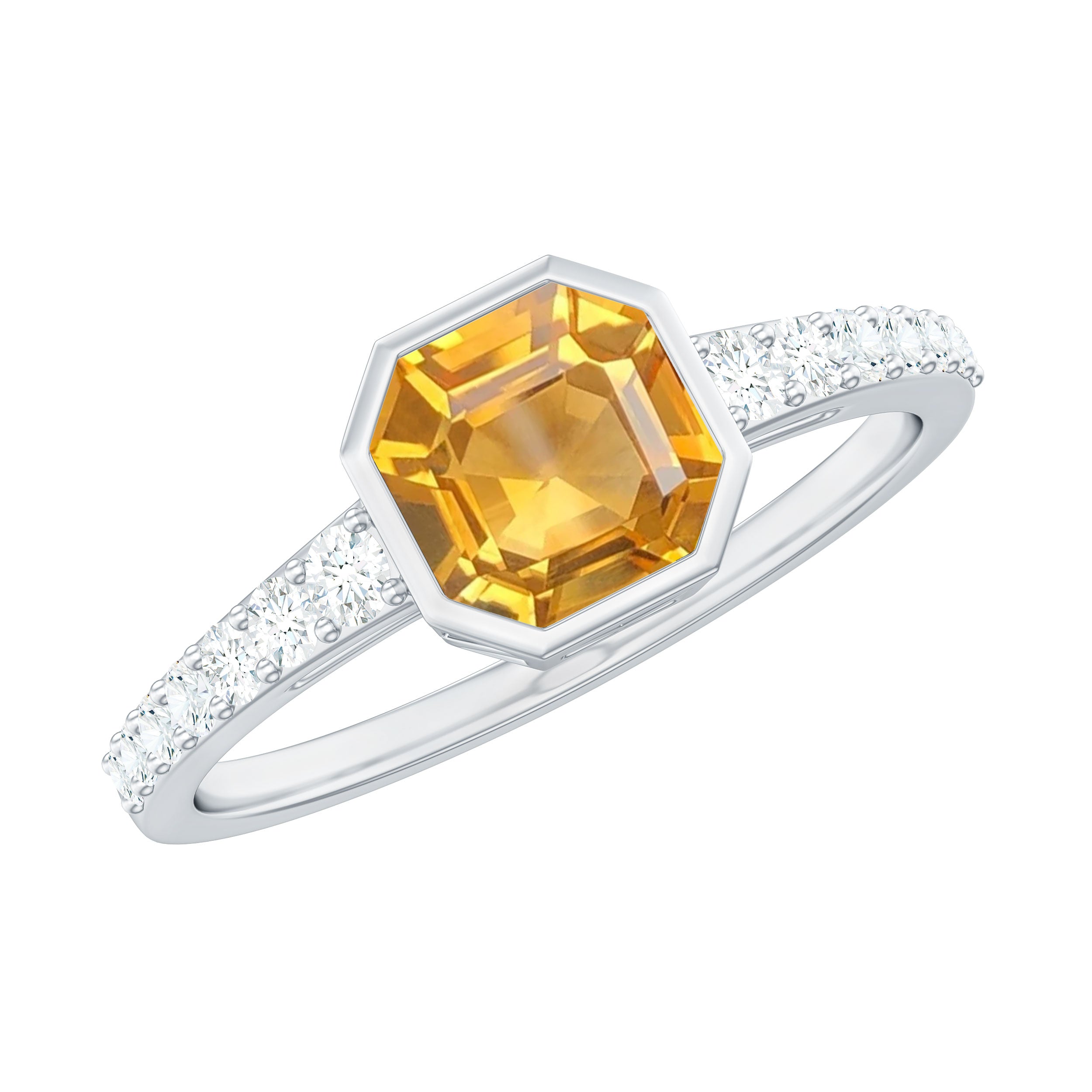 Asscher Cut Citrine Solitaire Ring with Diamond Side Stones Citrine - ( AAA ) - Quality - Rosec Jewels