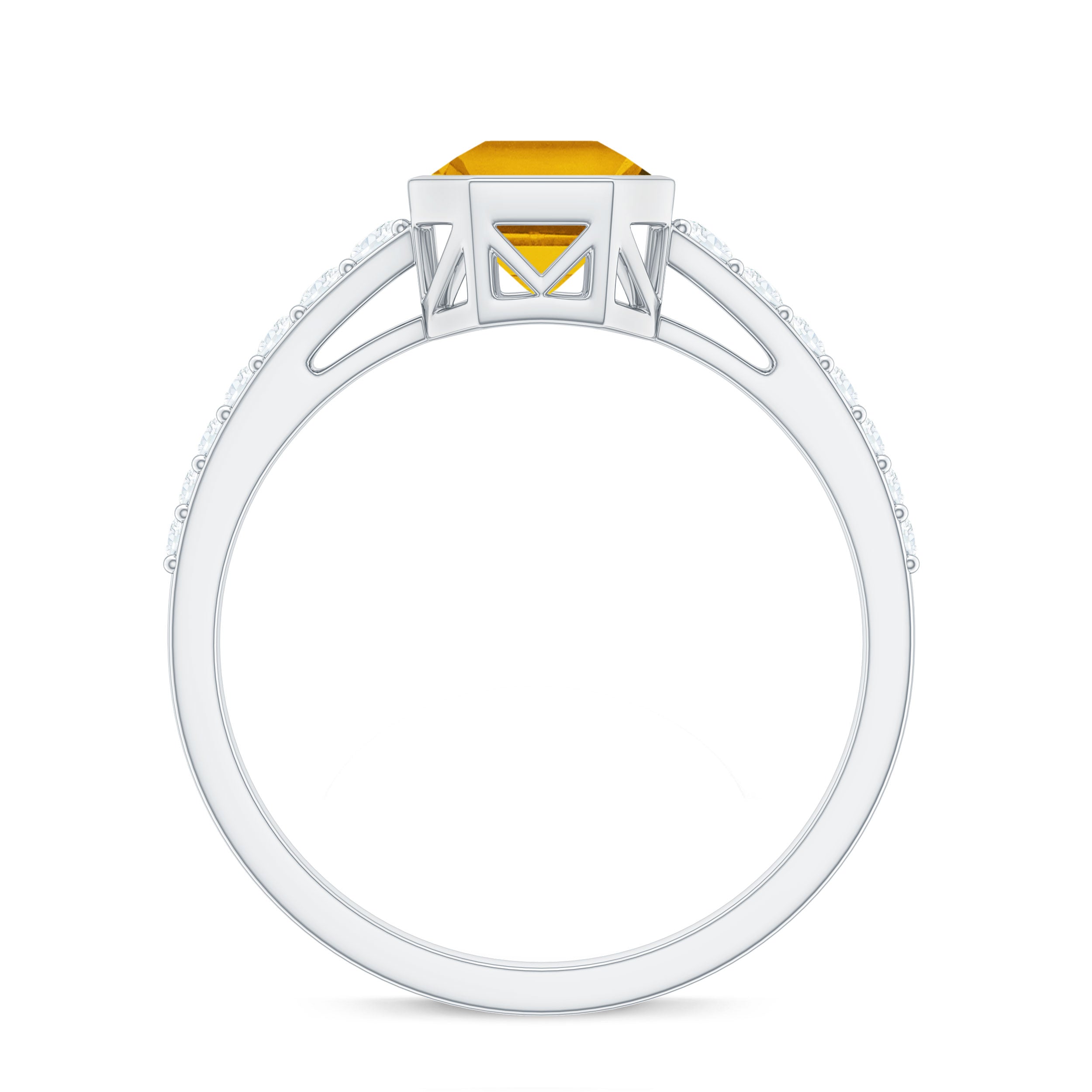 Asscher Cut Citrine Solitaire Ring with Diamond Side Stones Citrine - ( AAA ) - Quality - Rosec Jewels