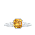 Asscher Cut Citrine Solitaire Ring with Diamond Side Stones Citrine - ( AAA ) - Quality - Rosec Jewels