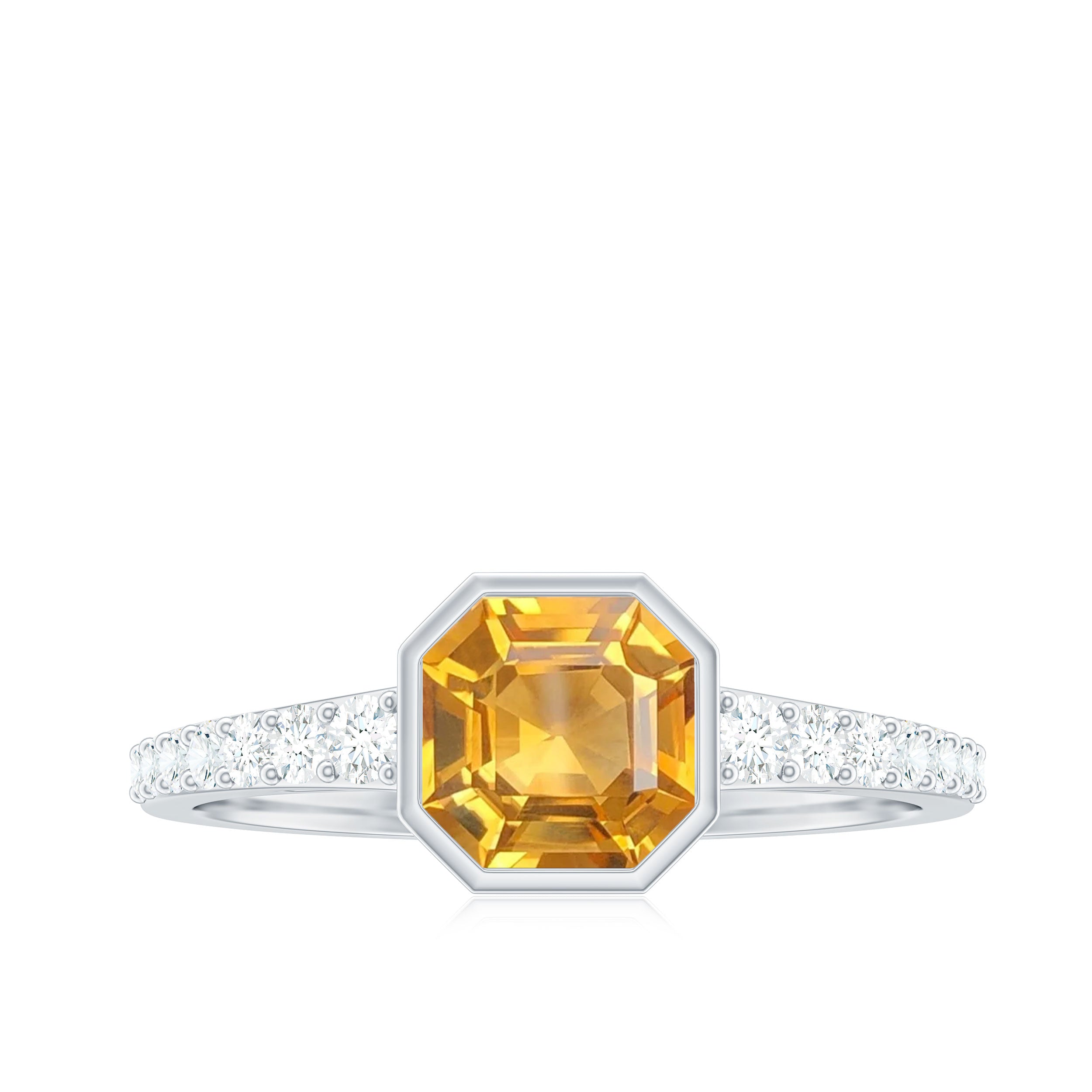 Asscher Cut Citrine Solitaire Ring with Diamond Side Stones Citrine - ( AAA ) - Quality - Rosec Jewels