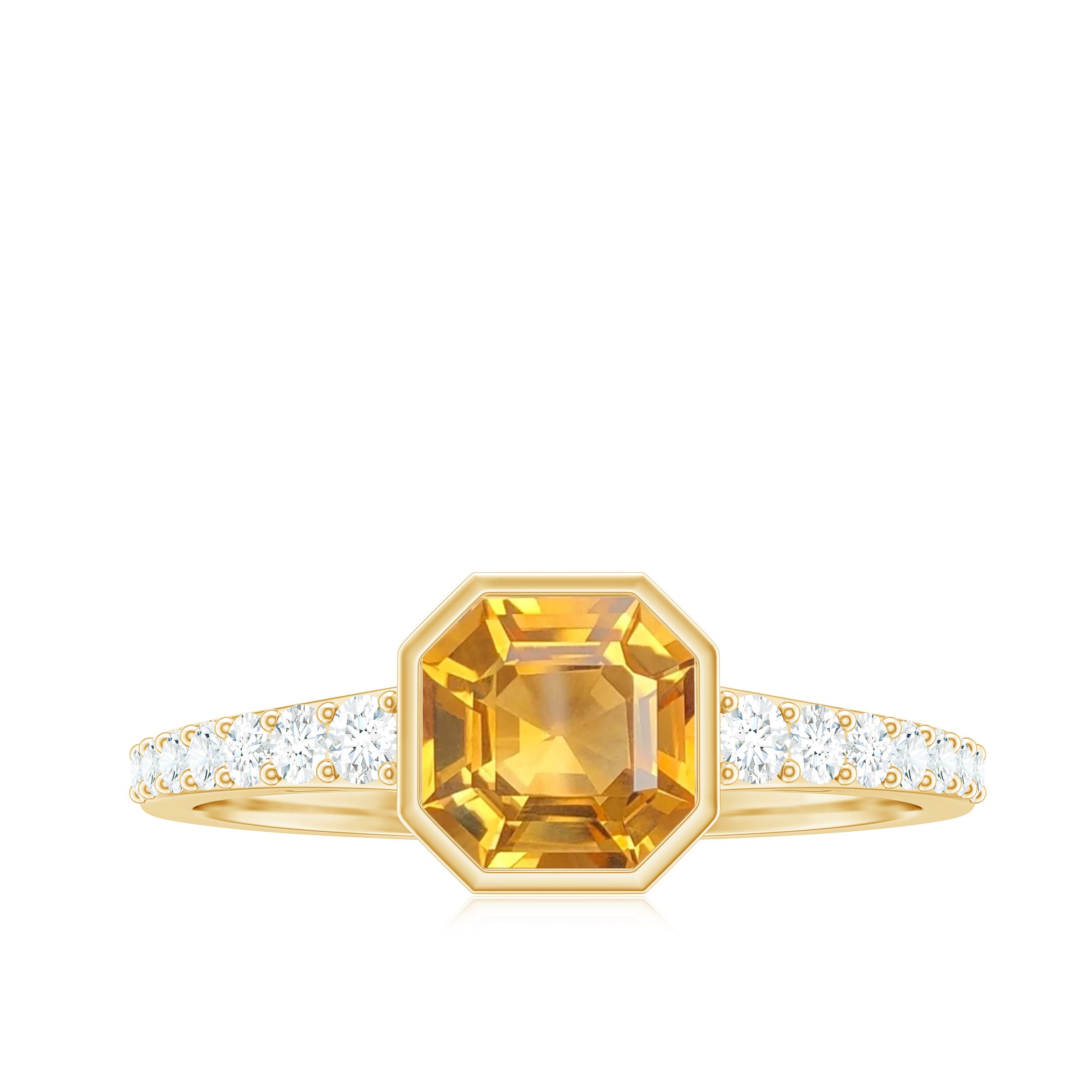 Asscher Cut Citrine Solitaire Ring with Diamond Side Stones Citrine - ( AAA ) - Quality - Rosec Jewels