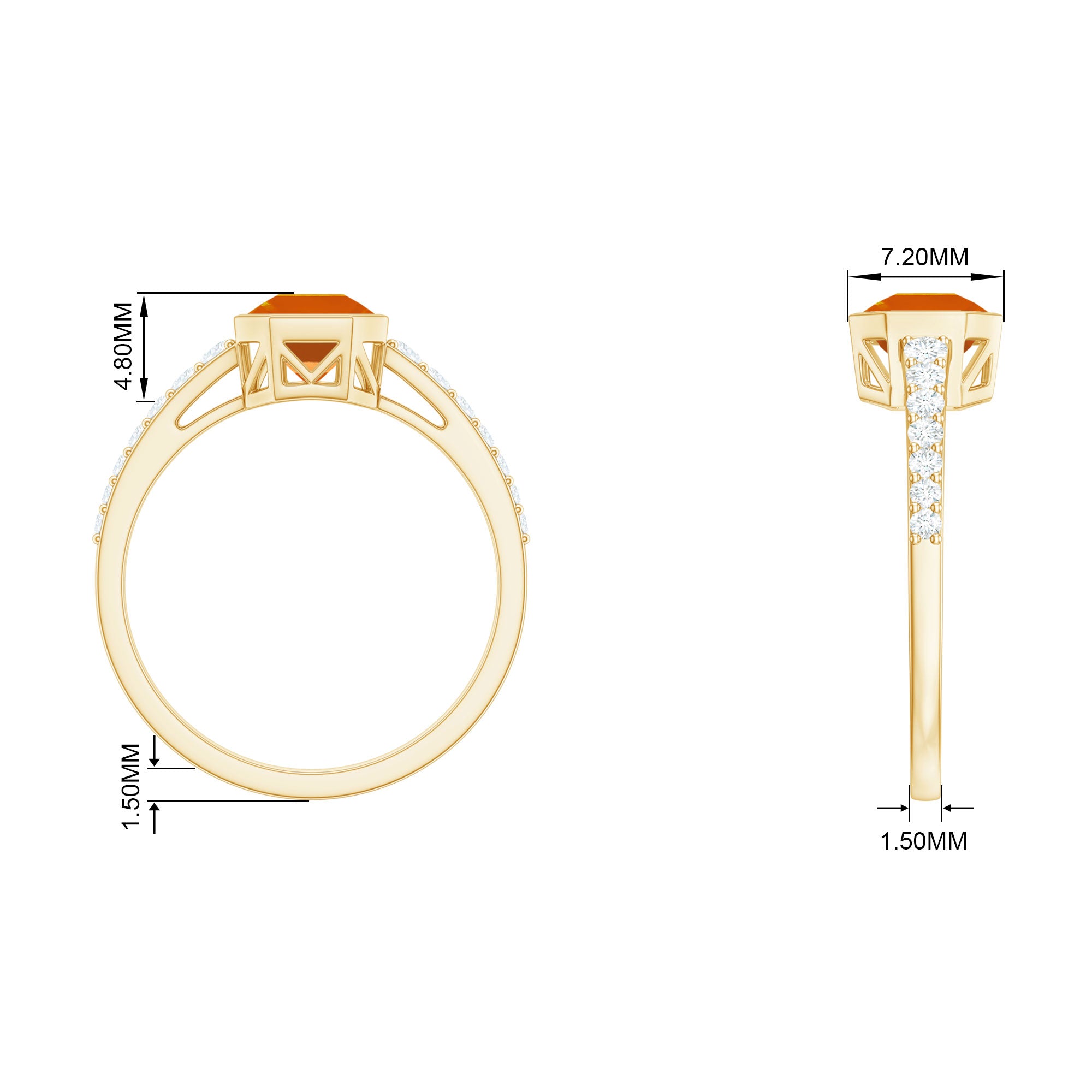 Asscher Fire Opal Solitaire Ring with Diamond Side Stones Fire Opal - ( AAA ) - Quality - Rosec Jewels