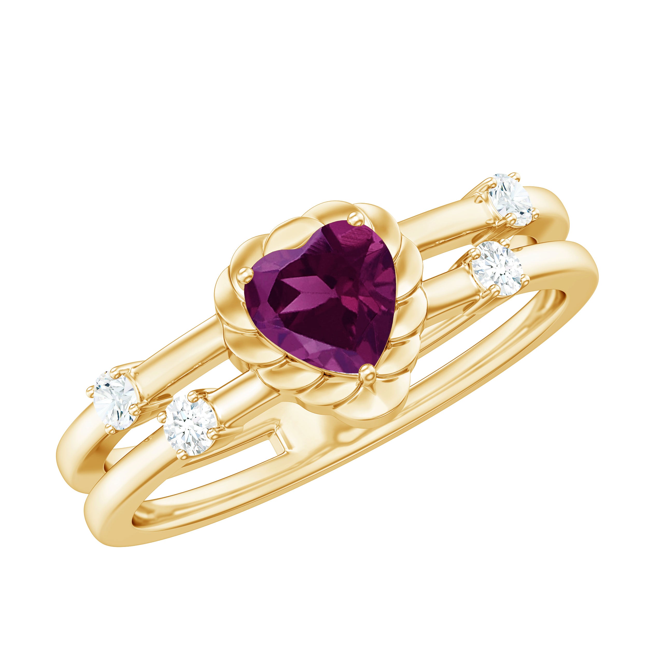 Heart Shape Rhodolite Solitaire Double Band Ring with Diamond Rhodolite - ( AAA ) - Quality - Rosec Jewels