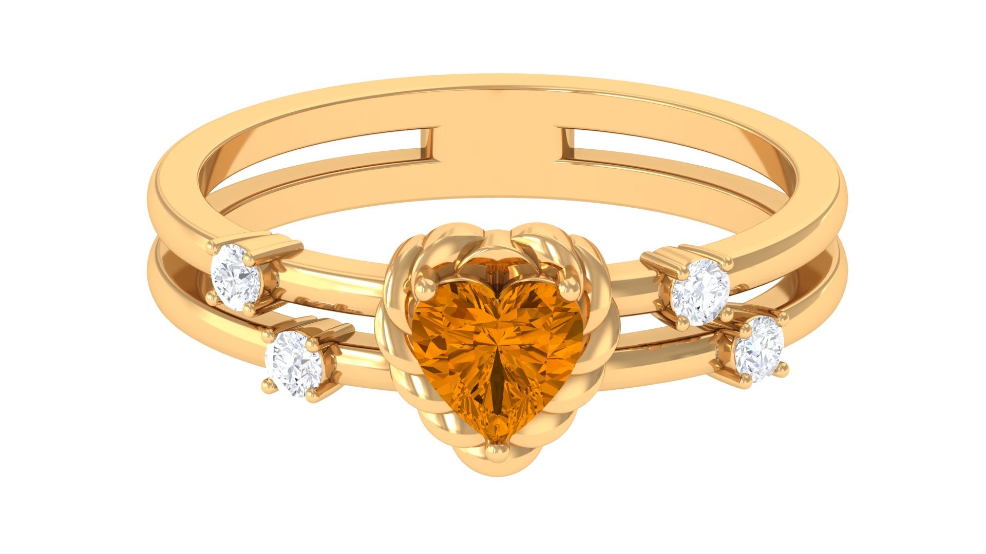 Heart Shape Citrine Solitaire Double Band Ring with Diamond Citrine - ( AAA ) - Quality - Rosec Jewels