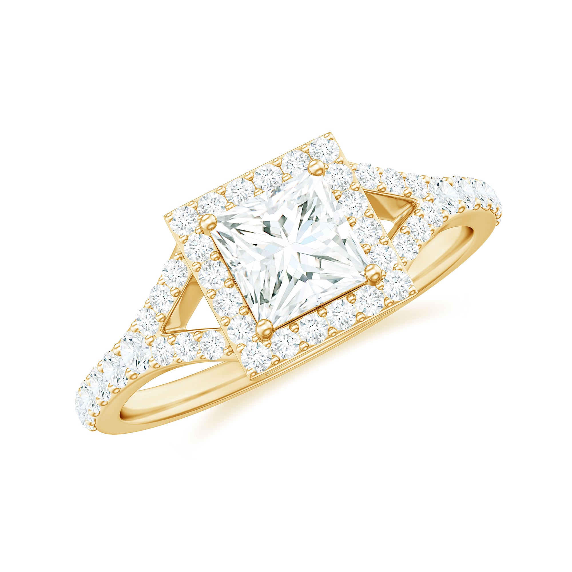 Halo Princess Cut Moissanite Split Shank Engagement Ring Gold Moissanite - ( D-VS1 ) - Color and Clarity - Rosec Jewels