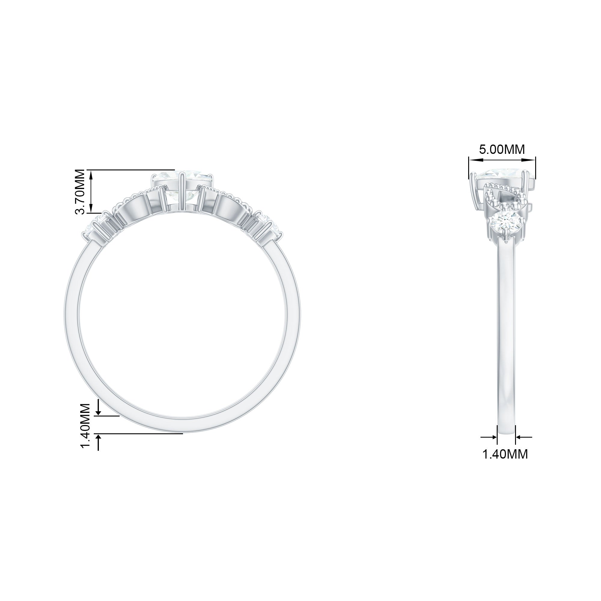 3/4 CT Minimal Zircon Heart Engagement Ring with Gold Beaded Zircon - ( AAAA ) - Quality - Rosec Jewels