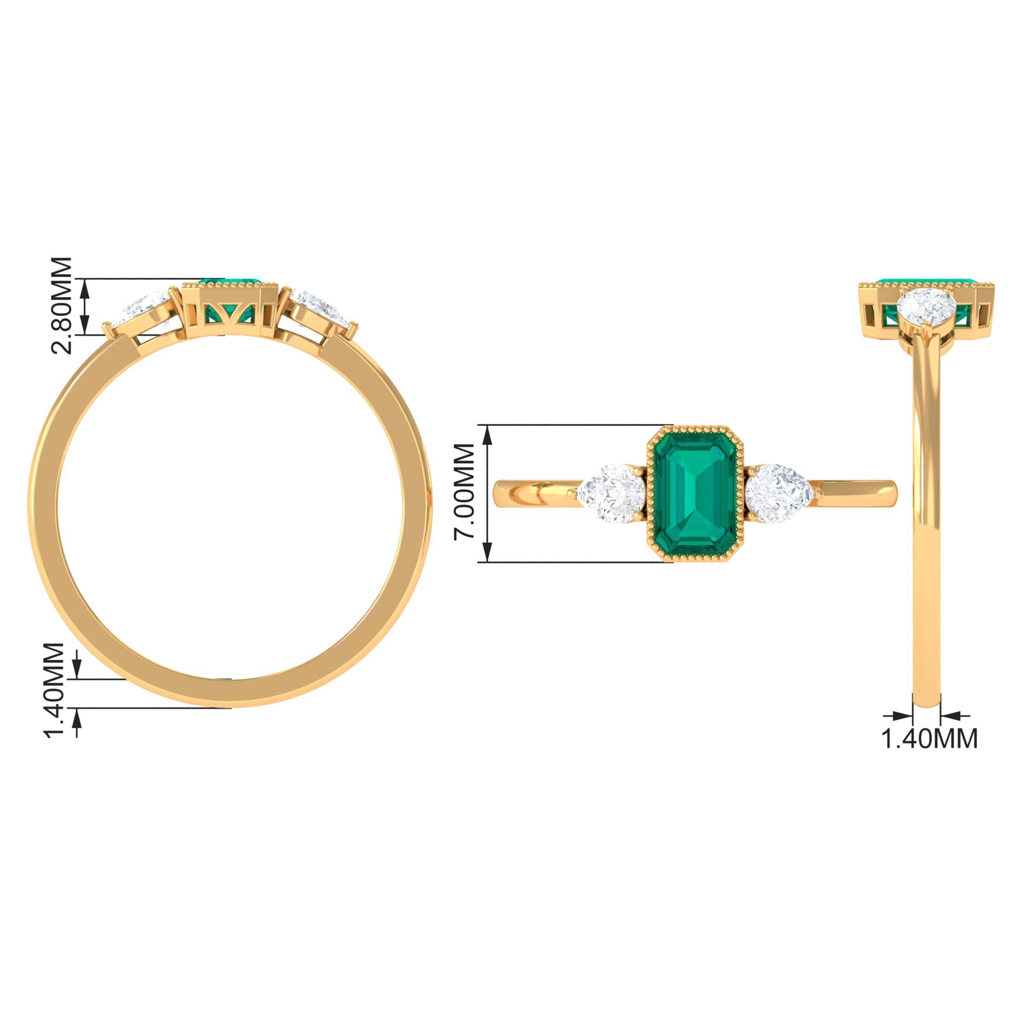 Octagon shape Emerald and Diamond Three Stone Ring in Bezel Setting Emerald - ( AAA ) - Quality - Rosec Jewels