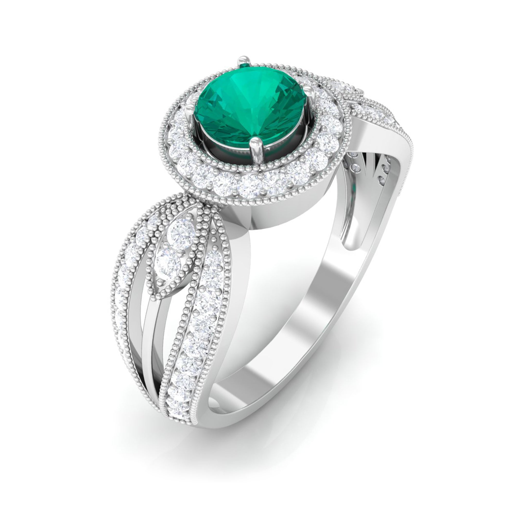 Vintage Inspired Emerald Engagement Ring with Diamond in Split Shank Emerald - ( AAA ) - Quality - Rosec Jewels