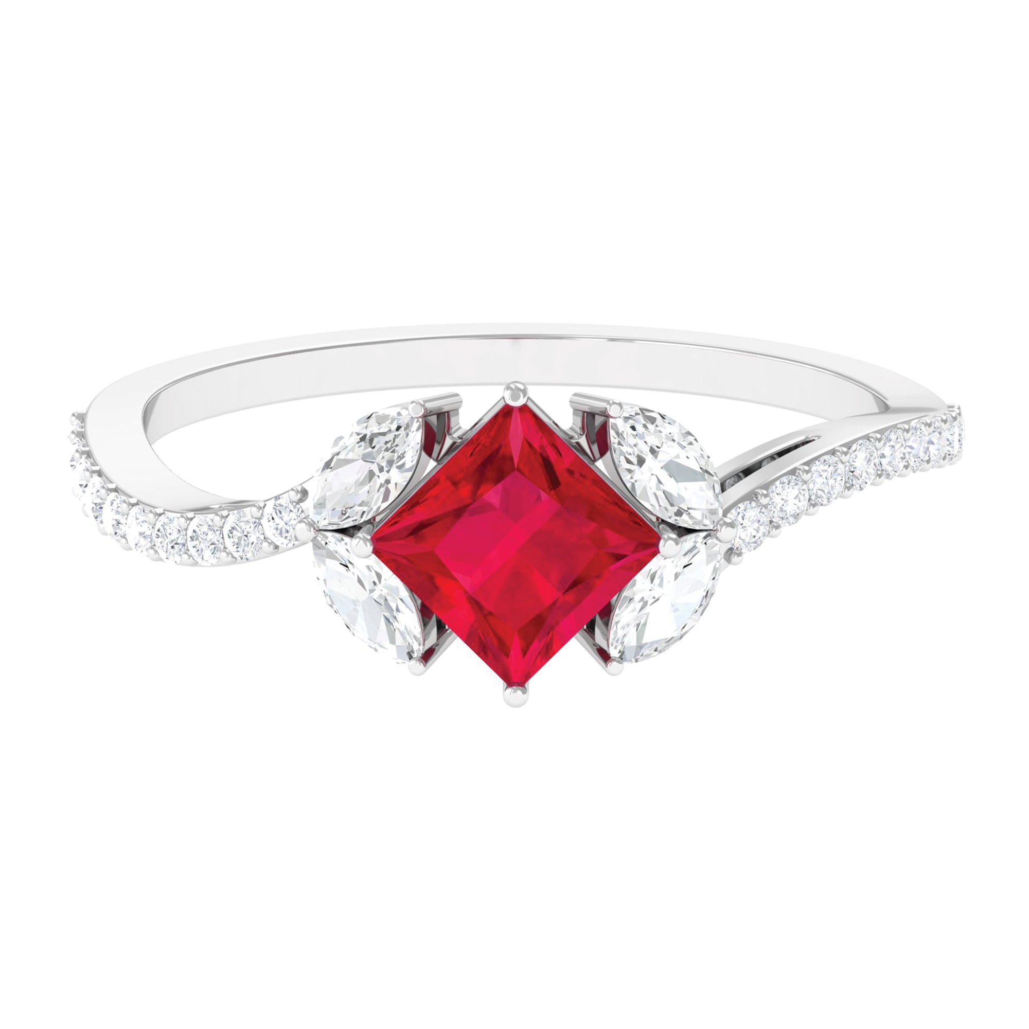 Princess Cut Lab Grown Ruby Solitaire Ring with Diamond Lab Created Ruby - ( AAAA ) - Quality - Rosec Jewels