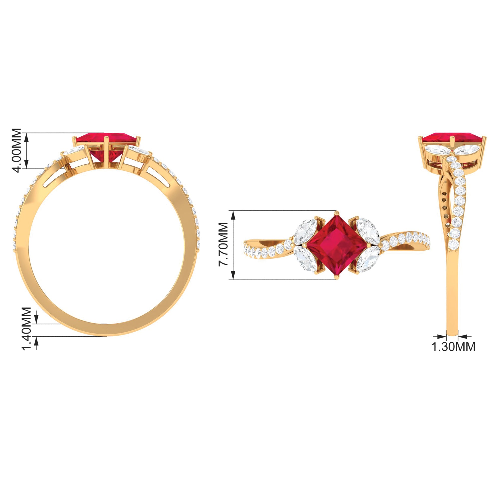 Princess Cut Lab Grown Ruby Solitaire Ring with Diamond Lab Created Ruby - ( AAAA ) - Quality - Rosec Jewels