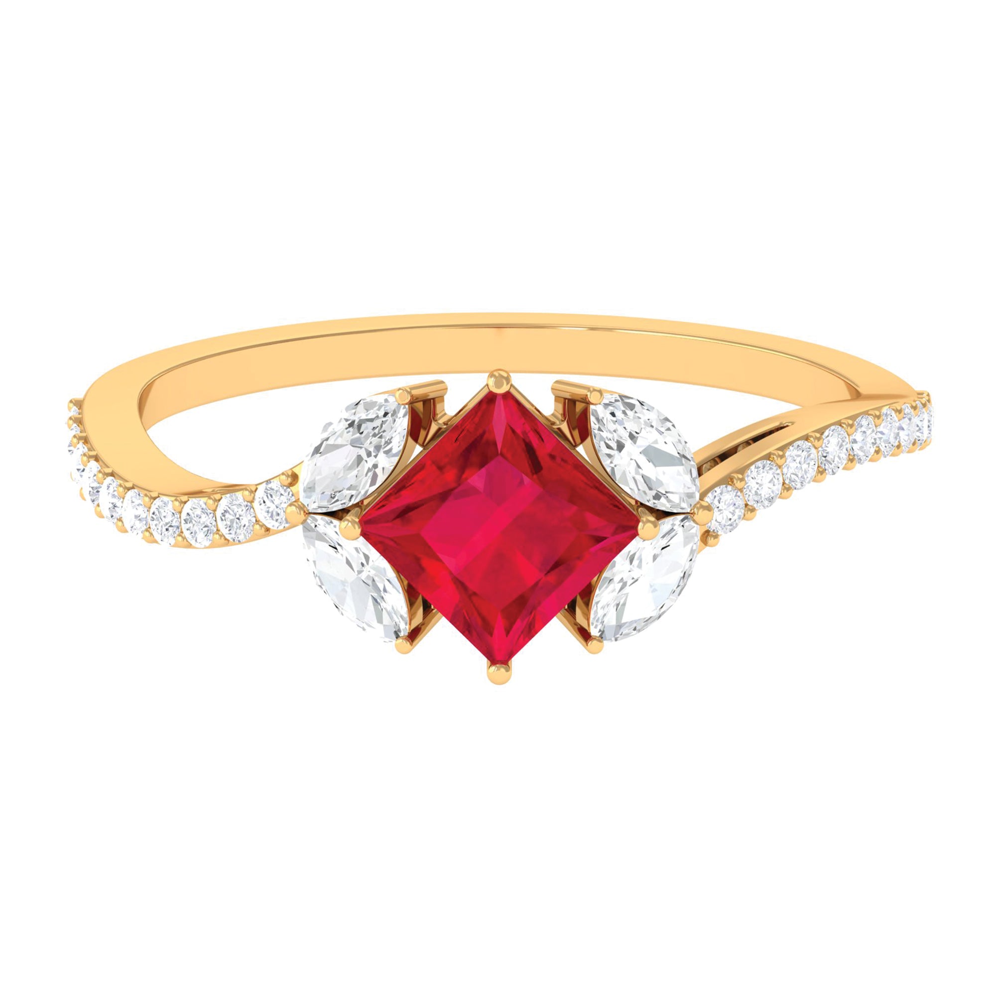 Princess Cut Lab Grown Ruby Solitaire Ring with Diamond Lab Created Ruby - ( AAAA ) - Quality - Rosec Jewels