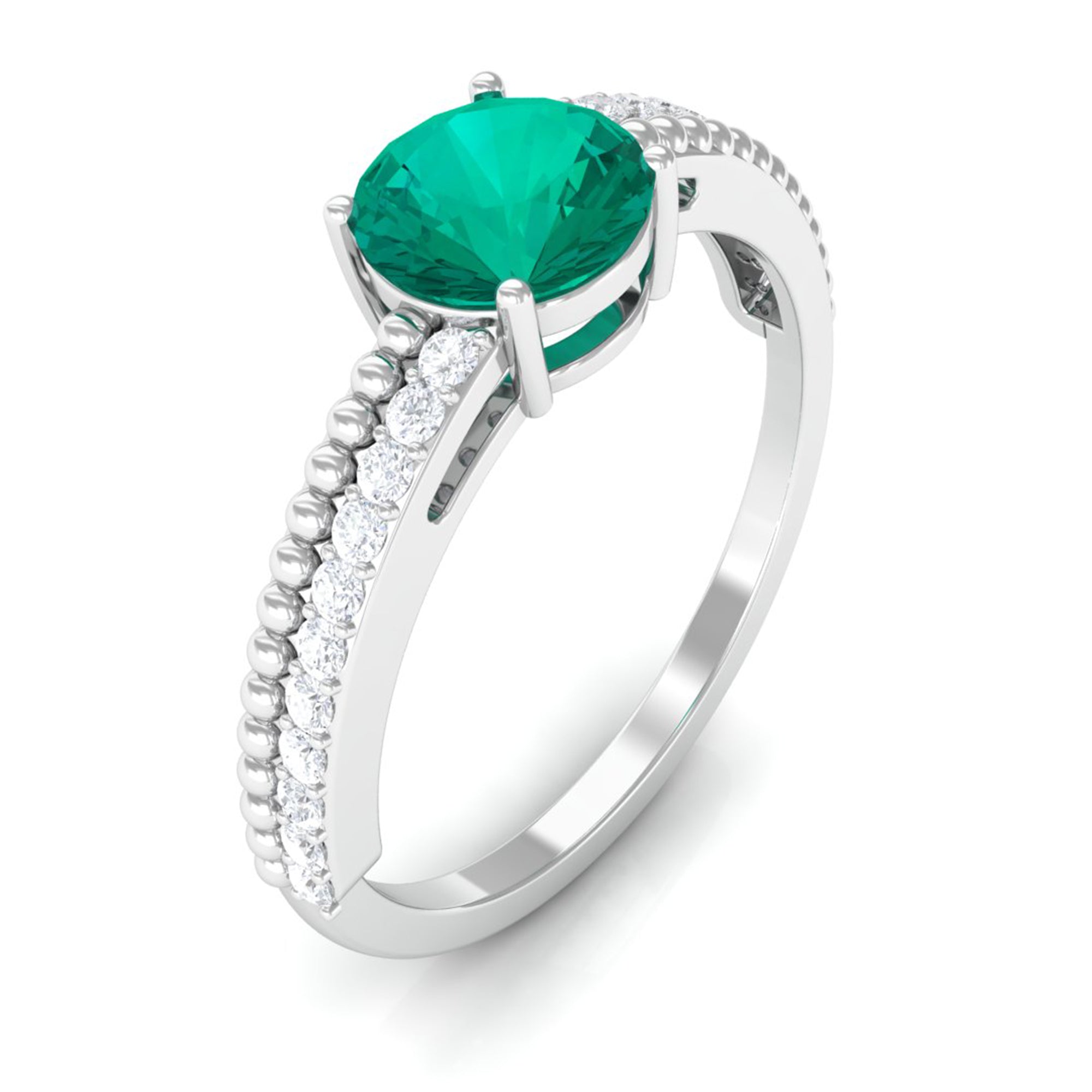 Emerald Solitaire Engagement Ring with Diamond Side Stones Emerald - ( AAA ) - Quality - Rosec Jewels