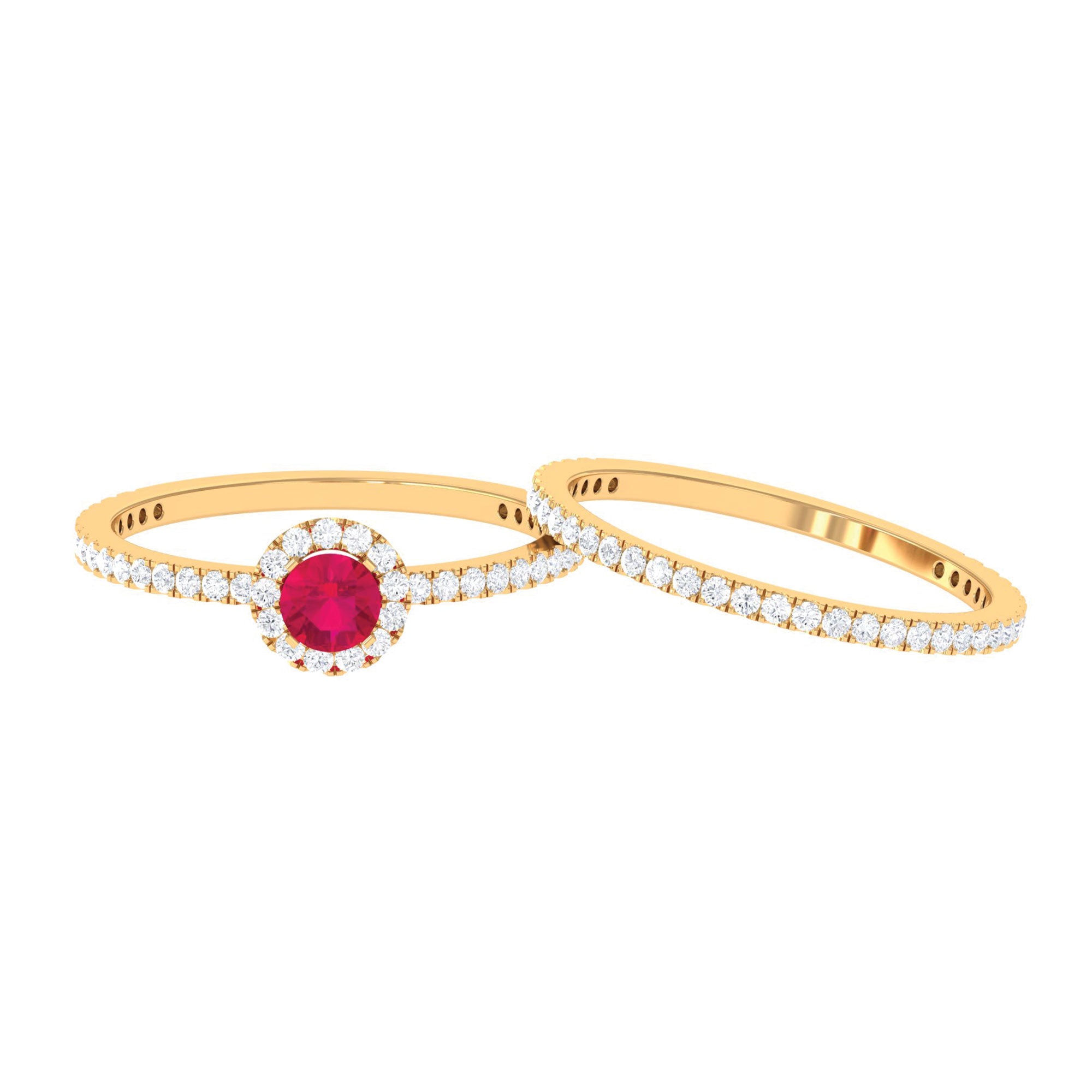 Ruby Minimal Ring Set with Diamond Stackable Band Ruby - ( AAA ) - Quality - Rosec Jewels