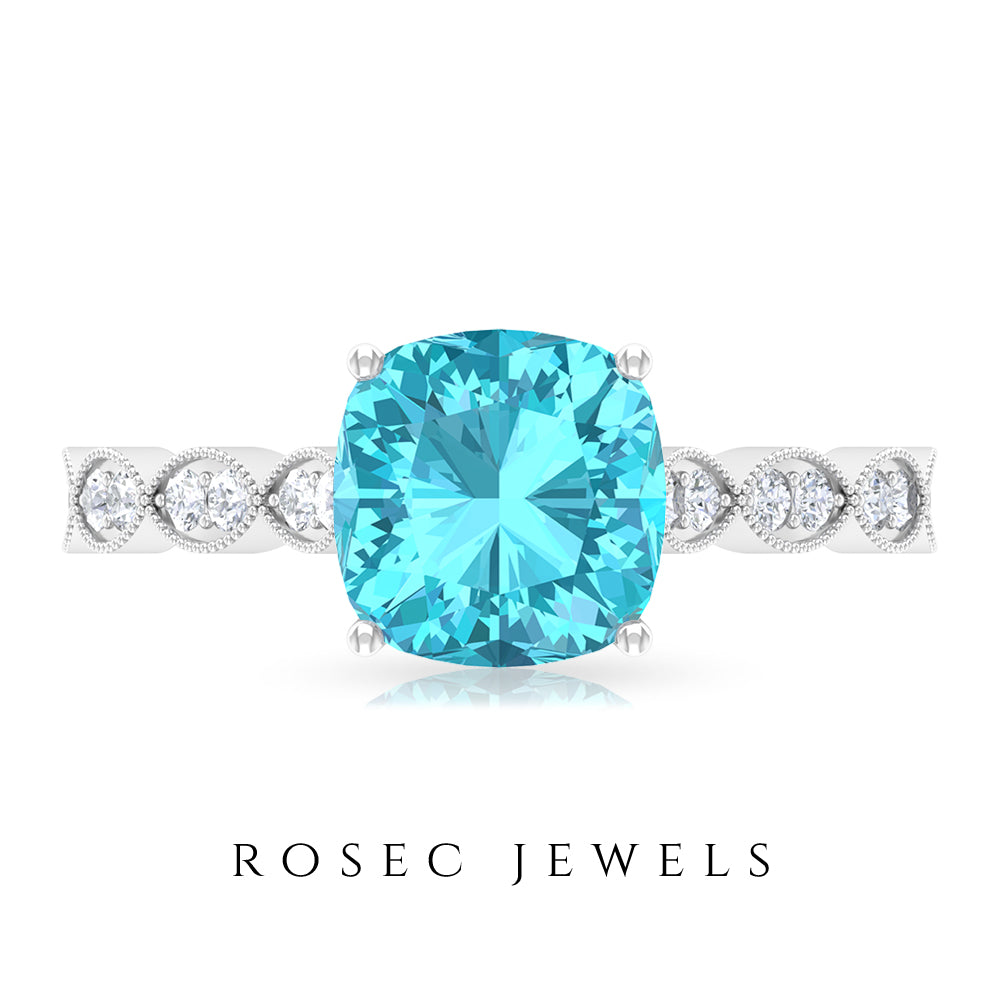 3 CT Cushion Swiss Blue Topaz Vintage Engagement Ring with Diamond Swiss Blue Topaz - ( AAA ) - Quality - Rosec Jewels