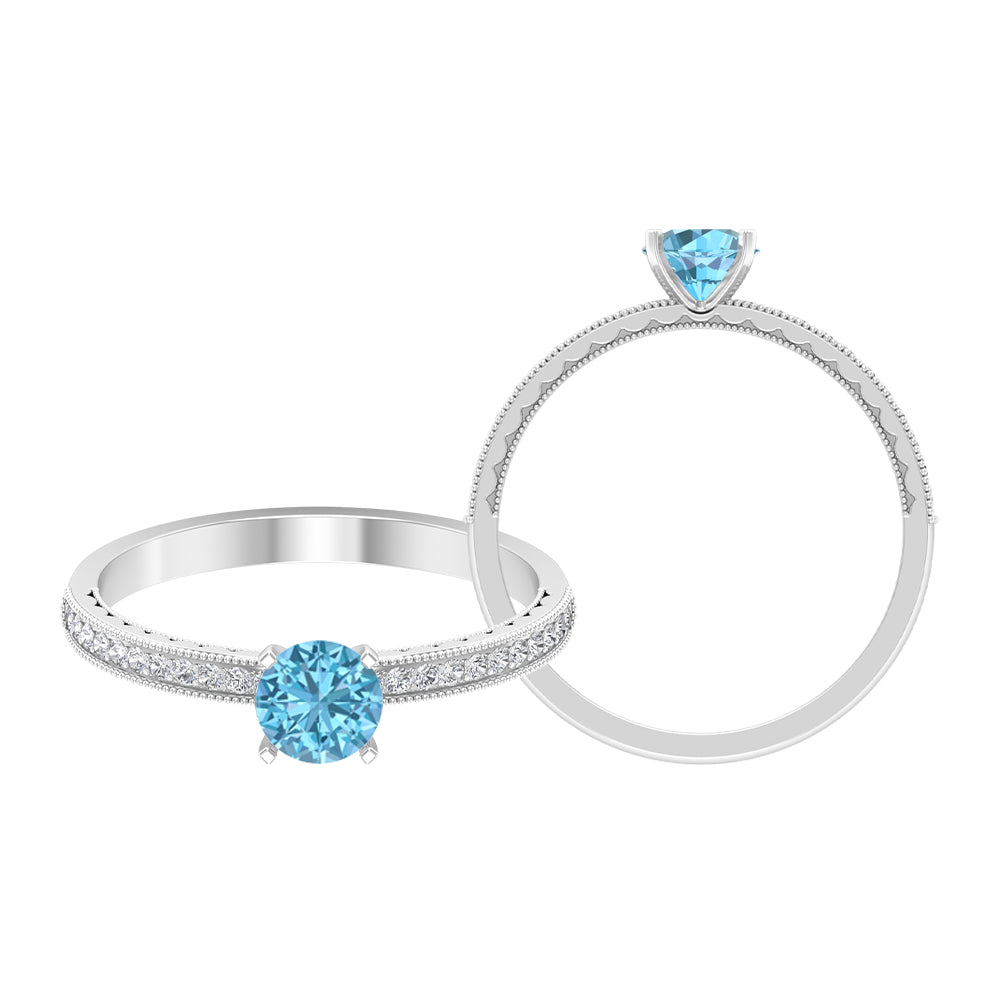 Milgrain Swiss Blue Topaz Engagement Ring with Diamond Swiss Blue Topaz - ( AAA ) - Quality - Rosec Jewels