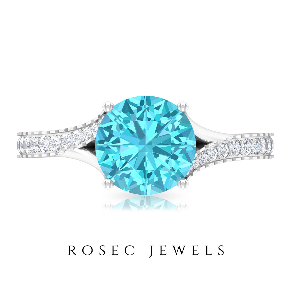 Split Shank Swiss Blue Topaz Solitaire Engagement Ring with Diamond Accent Swiss Blue Topaz - ( AAA ) - Quality - Rosec Jewels