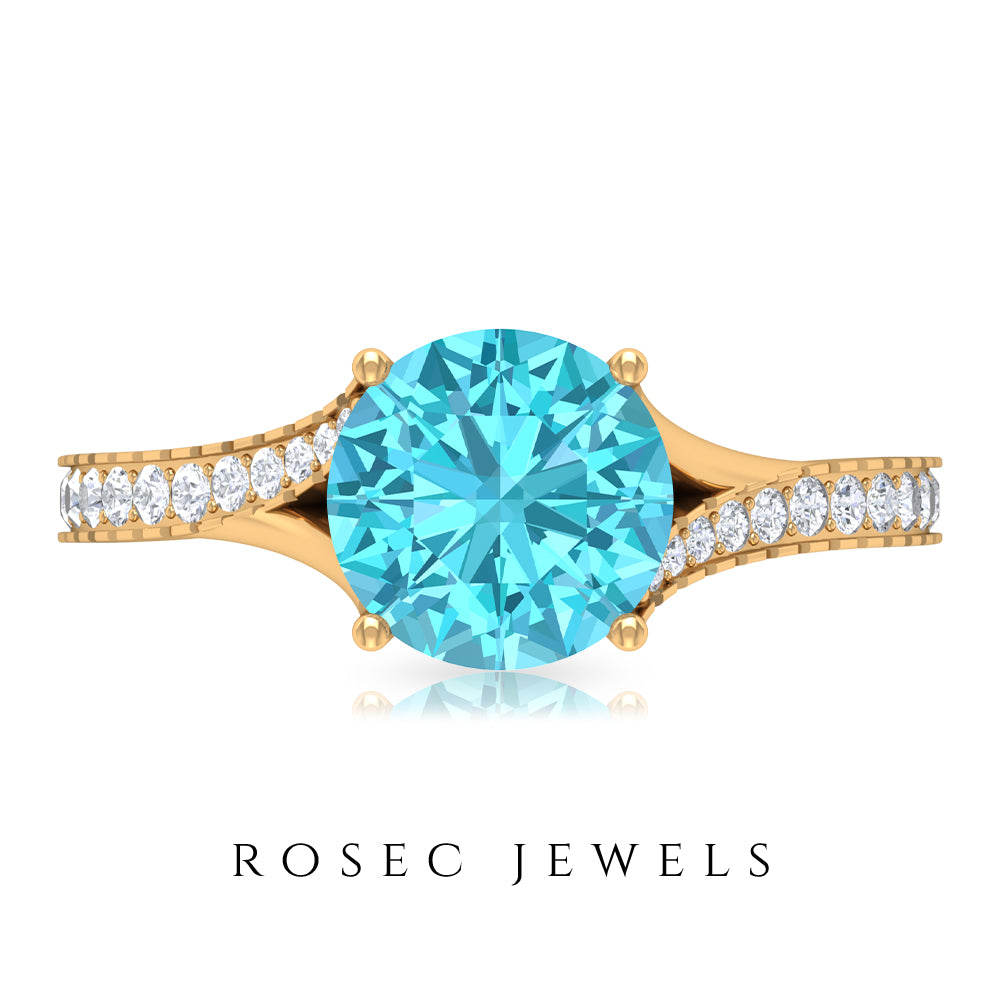 Split Shank Swiss Blue Topaz Solitaire Engagement Ring with Diamond Accent Swiss Blue Topaz - ( AAA ) - Quality - Rosec Jewels