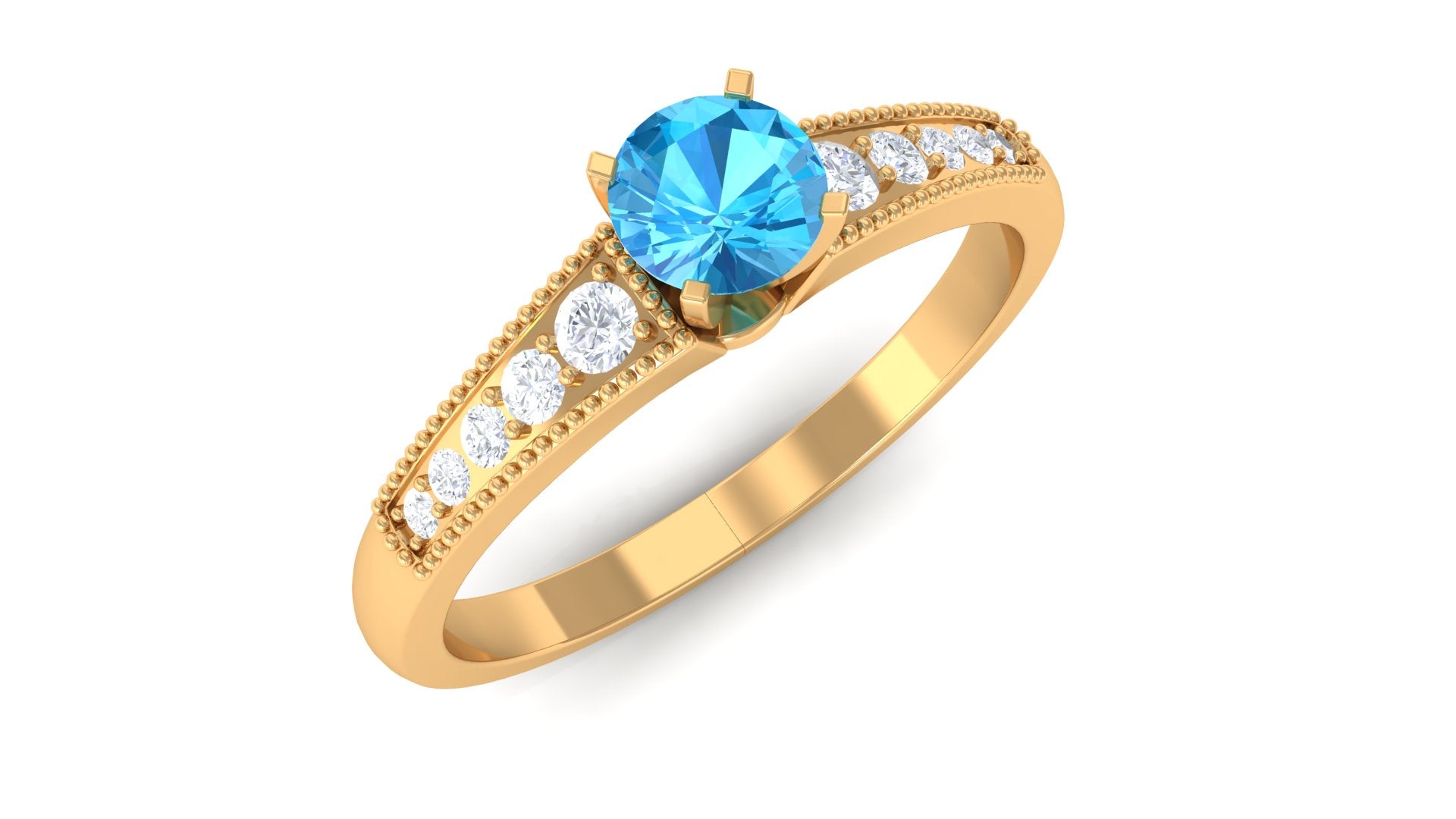 Swiss Blue Topaz Solitaire Ring with Diamond Side Stones Swiss Blue Topaz - ( AAA ) - Quality - Rosec Jewels