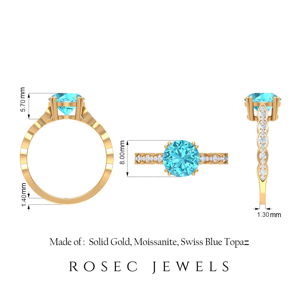 8 MM Swiss Blue Topaz Solitaire Engagement Ring in Double Prong Setting with Diamond Swiss Blue Topaz - ( AAA ) - Quality - Rosec Jewels
