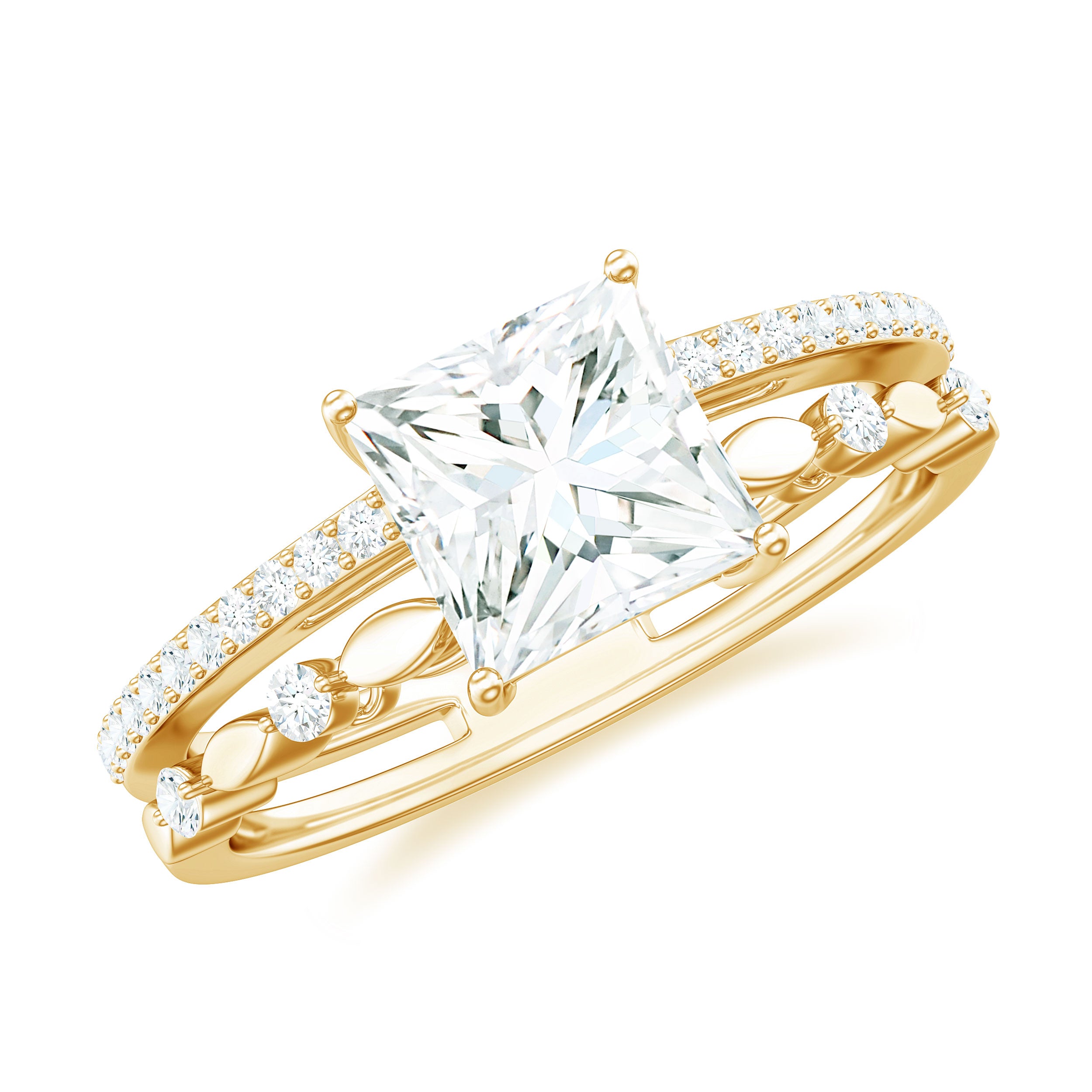 Princess Cut Moissanite Solitaire Engagement Ring in Gold Moissanite - ( D-VS1 ) - Color and Clarity - Rosec Jewels