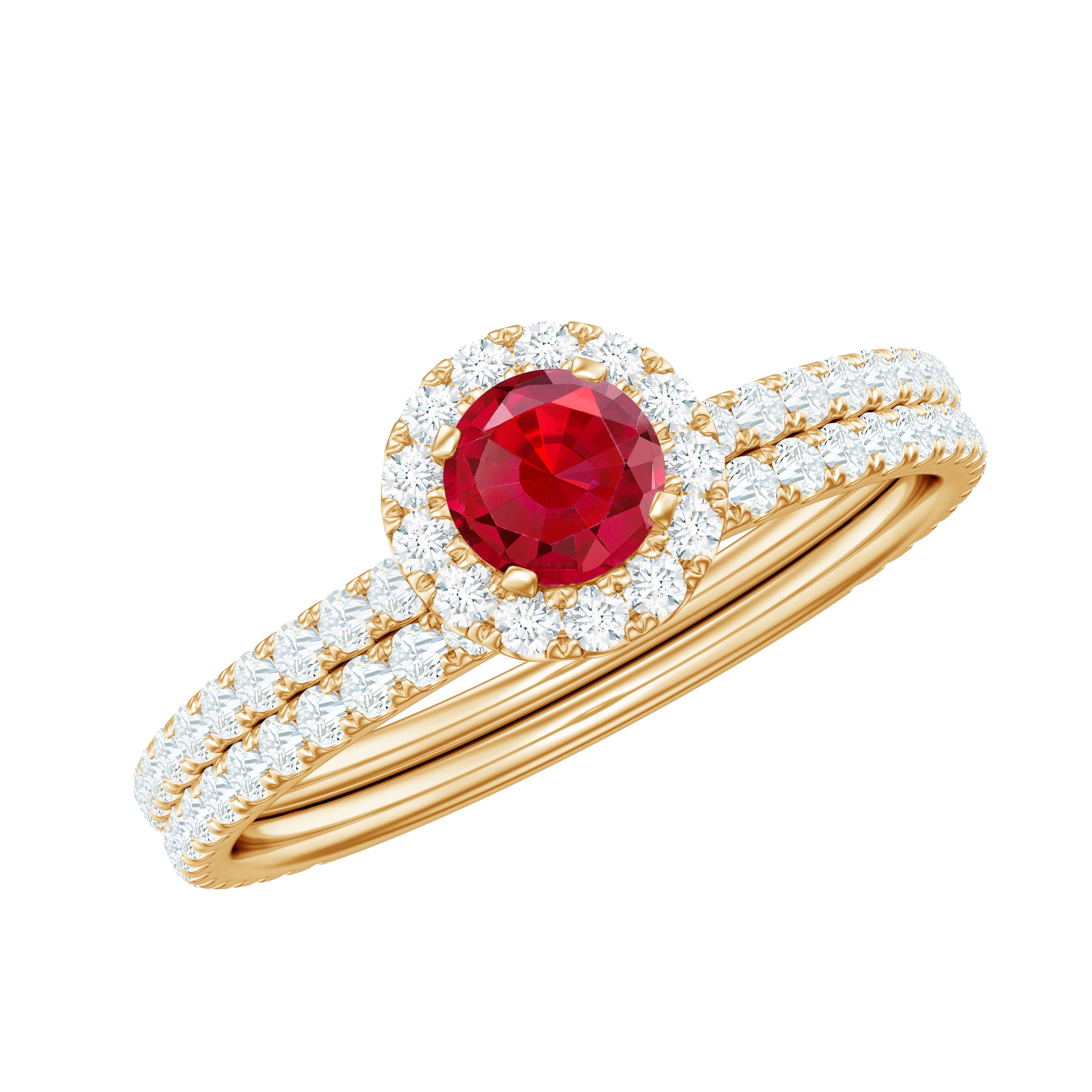 Minimal Created Ruby Halo Wedding Ring Set with Moissanite Lab Created Ruby - ( AAAA ) - Quality - Rosec Jewels