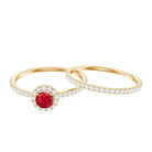 Minimal Created Ruby Halo Wedding Ring Set with Moissanite Lab Created Ruby - ( AAAA ) - Quality - Rosec Jewels