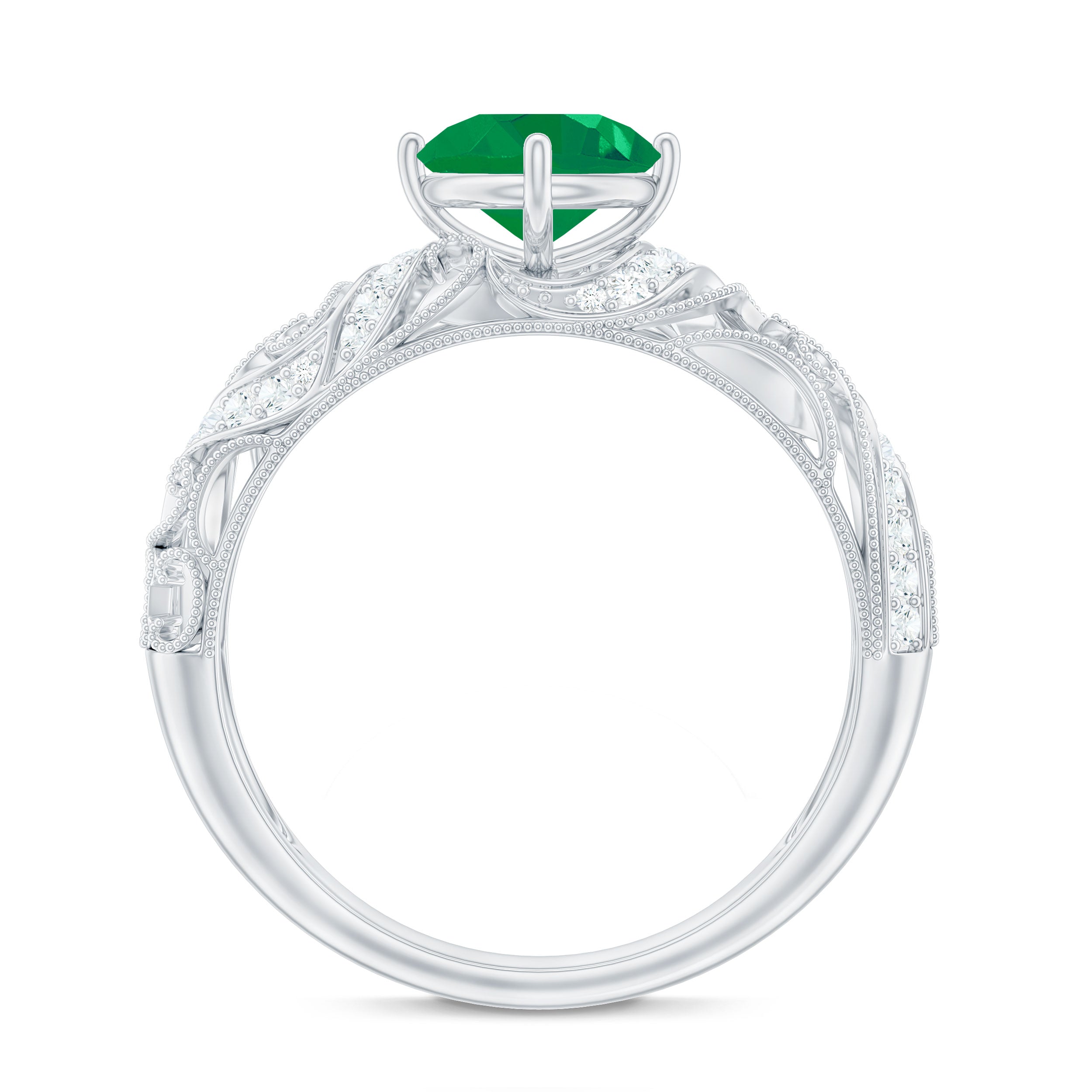 Round Emerald Vintage Inspired Engagement Ring with Diamond Emerald - ( AAA ) - Quality - Rosec Jewels