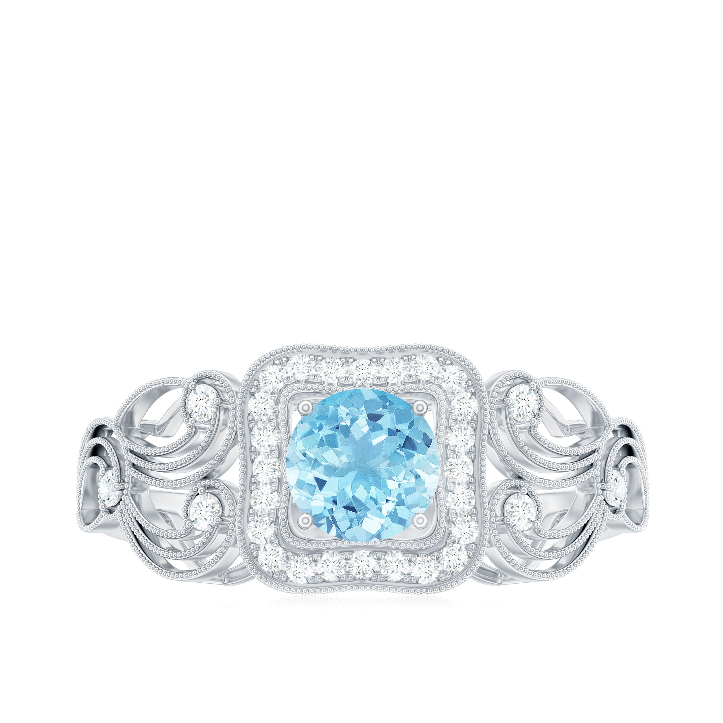 3/4 CT Aquamarine and Diamond Art Deco Engagement Ring with Milgrain Details Aquamarine - ( AAA ) - Quality - Rosec Jewels