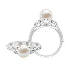 Classic Freshwater Pearl Solitaire and Moissanite Side Stone Ring Freshwater Pearl - ( AAA ) - Quality - Rosec Jewels