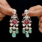 Lab Created Ruby Polki Diamond Long Dangle Earrings with Created Beryl and Pearls - Rosec Jewels